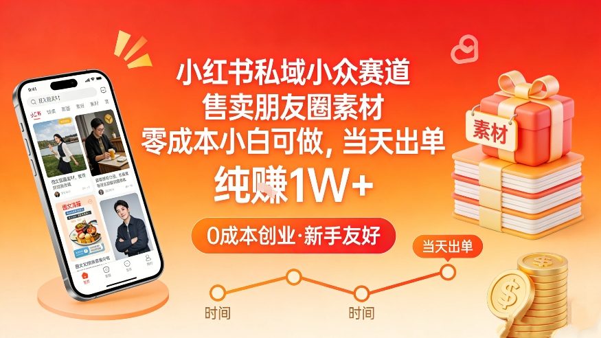 小红书私域小众赛道，售卖朋友圈素材，零成本小白可做，当天出单，月入1W+、高校邦