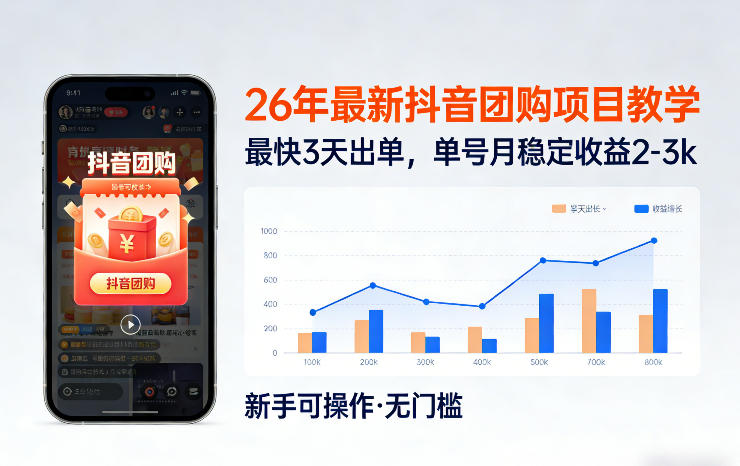 26年最新抖音团购项目教学，0门槛，最快3天出单，单号月稳定收益2-3k、高校邦
